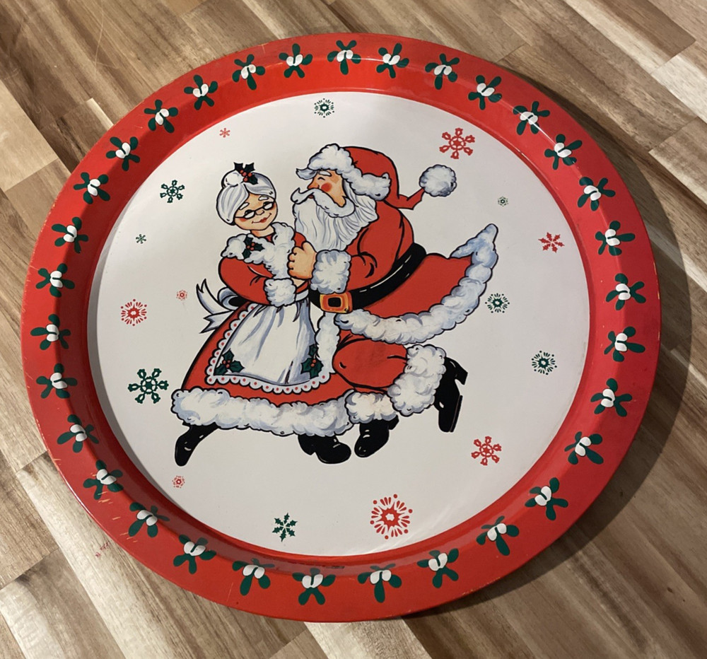 Vintage Giftco Christmas Large Tin Serving Tray Platter Santa Claus & Mrs Claus