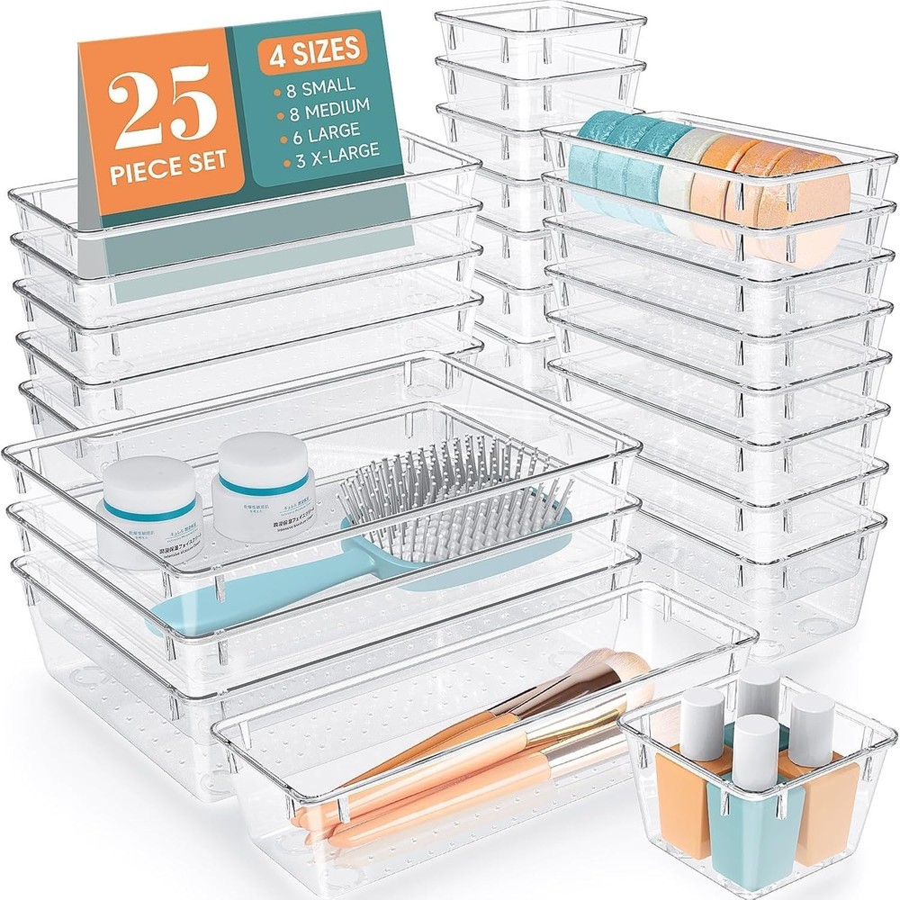 WOWBOX 25 PCS Clear Plastic Drawer Organizer Set 4 Sizes Storage Bins for Home