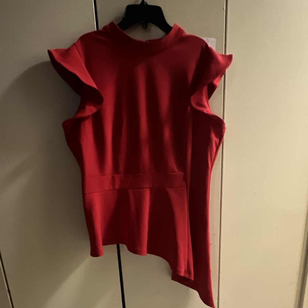 7th Avenue New York & Company Women's Red Solid Round Neck Ruffle Zip Blouse XL