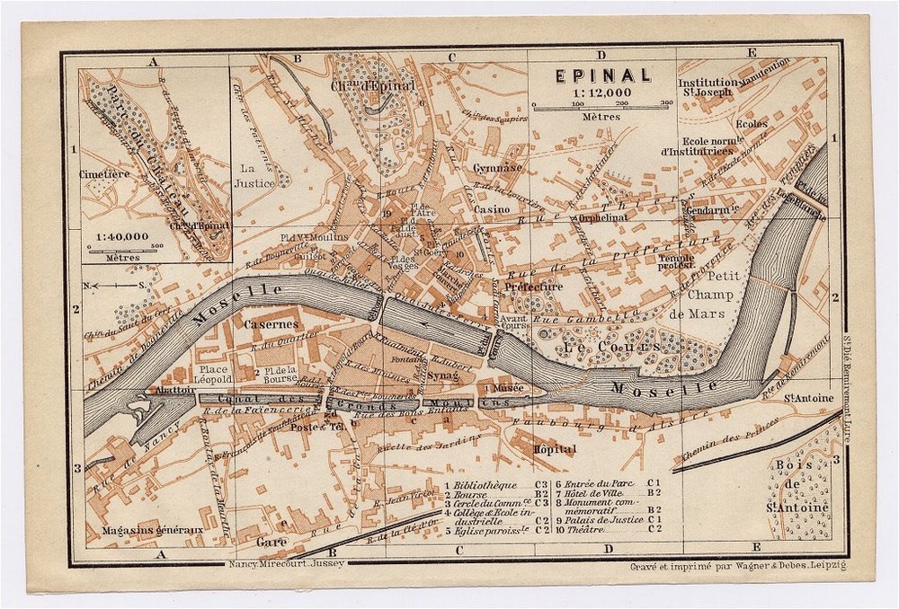 1905 Antique City Map Of Epinal / Vosges / France