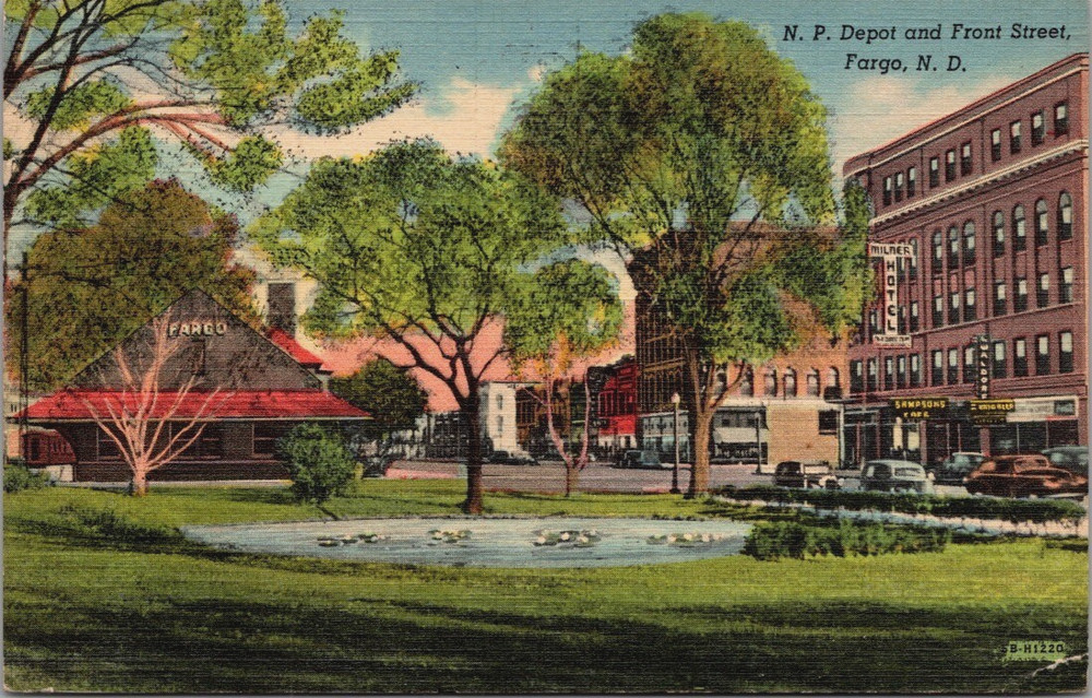 Northern Pacific Railway Depot Train Station, Fargo North Dakota Linen Postcard