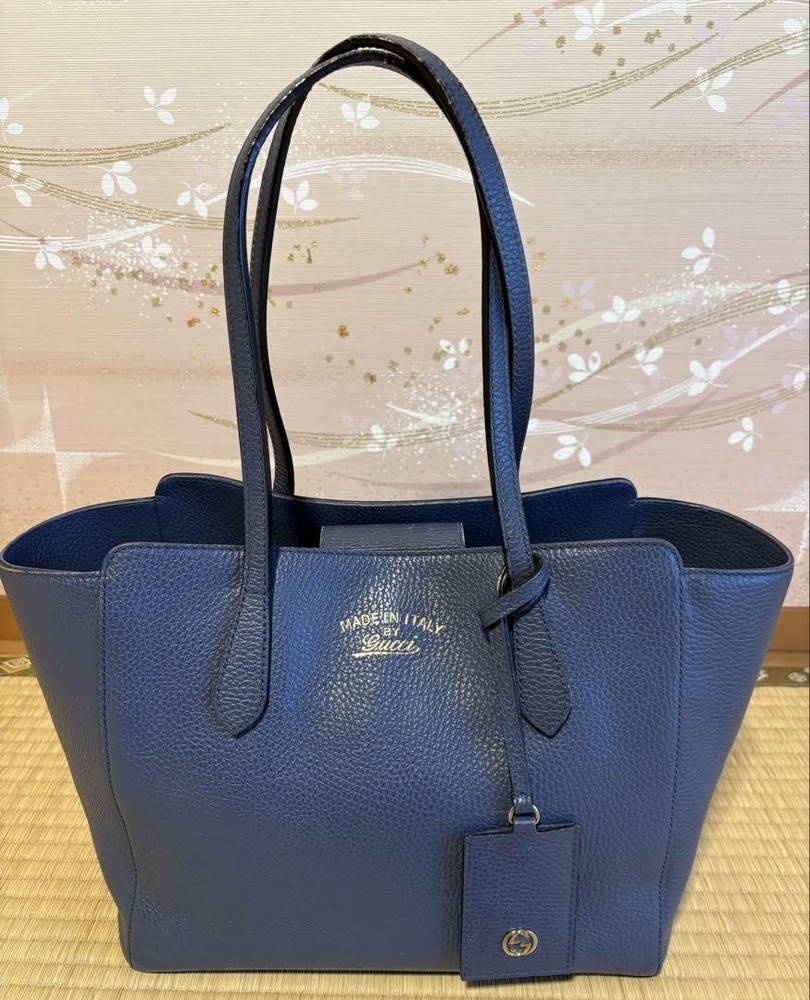 GUCCI Swing Leather Tote Bag in Blue for Women 10.6x9.1x5.7 inches