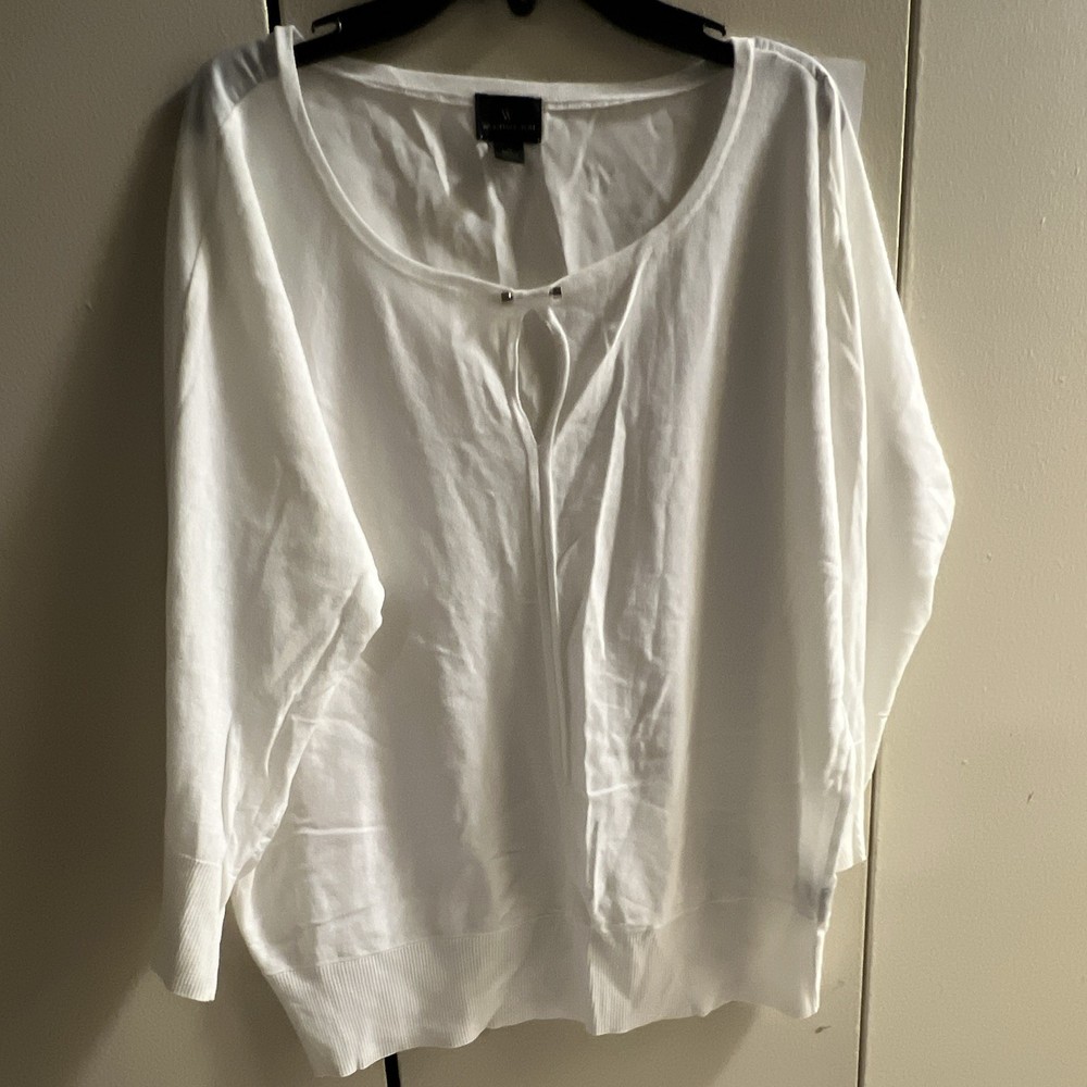 Worthington Women's White Solid V-Neck Keyhole Pullover 3/4 Sleeve Blouse L