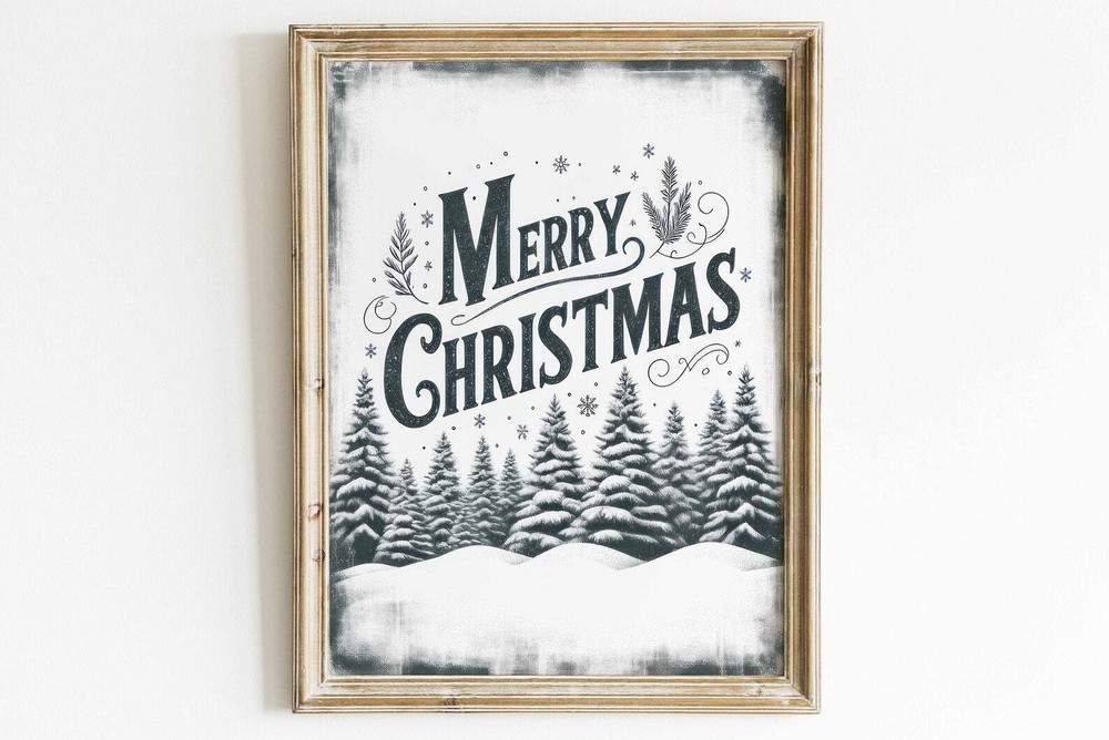 Merry Christmas Print Christmas Wall Art Vintage Christmas Wall Decor Xmas Tree