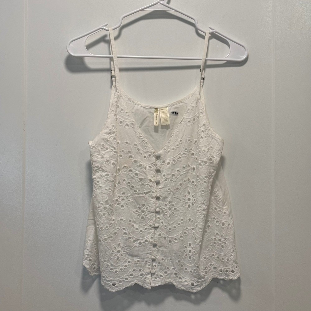 Japna Womens White Cotton Eyelet Lace Button Front Camisole Tank Top Small