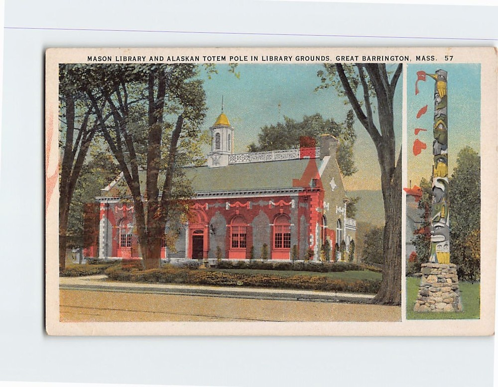 Postcard Mason Library & Alaskan Totem Pole Great Barrington Massachusetts USA