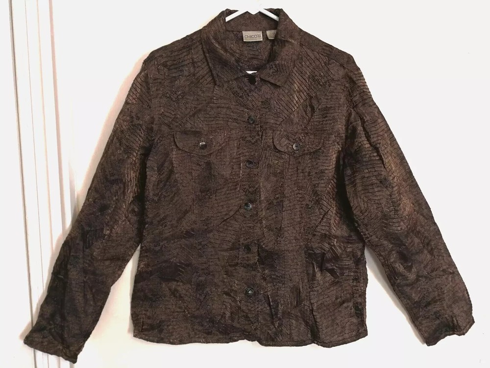 Chicos Womens Blouse 2 L 12 Brown Gold Snake Print Button Up Shirt Pockets HOLE