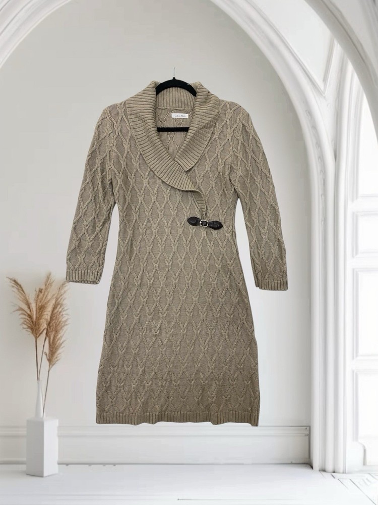 Calvin Klein Women’s Cable Knit Buckled Sweater Dress Size Small Fall Cozy Chic