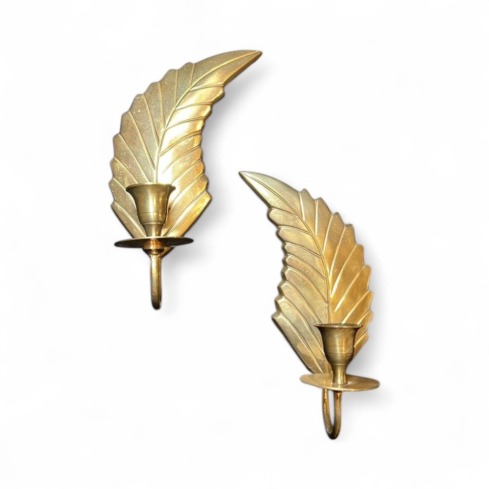 Set Of 2 Vintage Brass Feather Wall Sconce Candle Holders