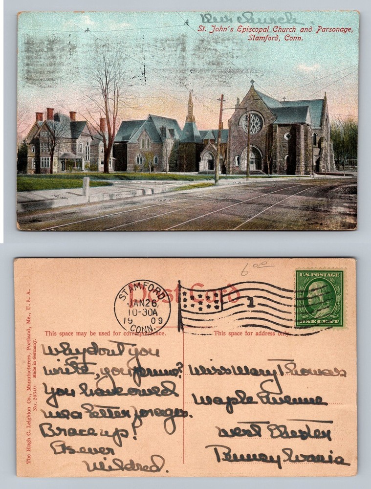 Stamford, CT-Connecticut St John's Episcopal Church Scene c1909 Vintage Postcard