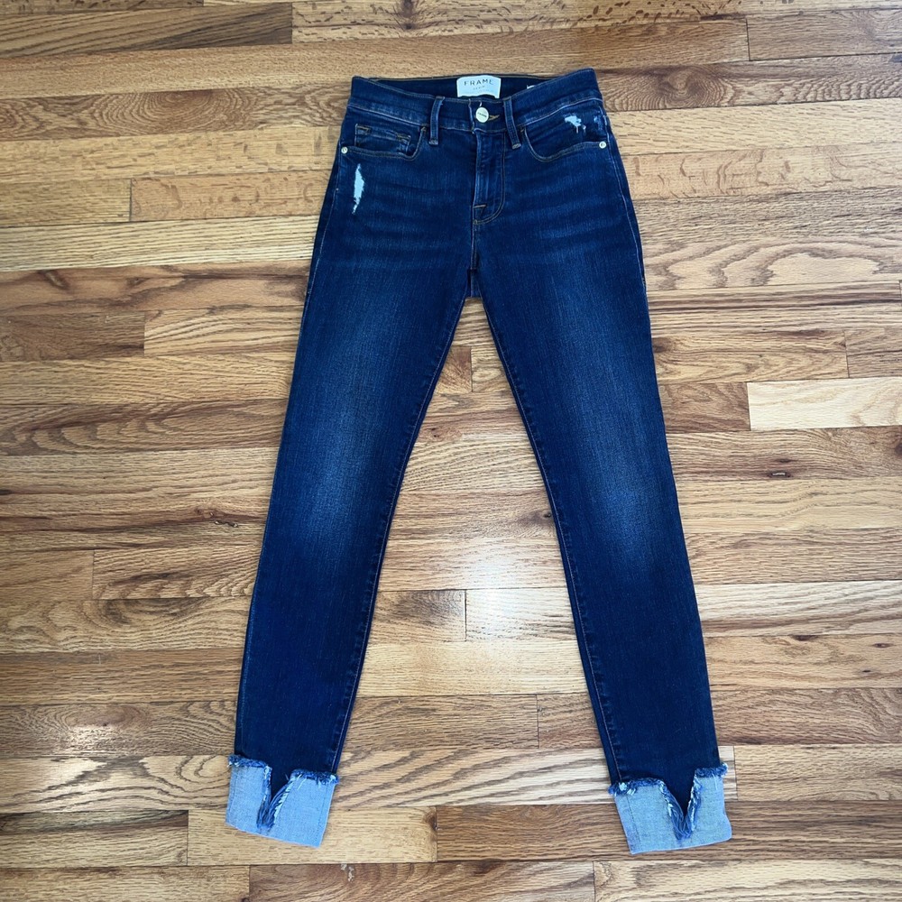 FRAME Le Skinny de Jeanne Frayed Raw Hem Turned Up Cuff Ankle Skinny Jeans Sz 24
