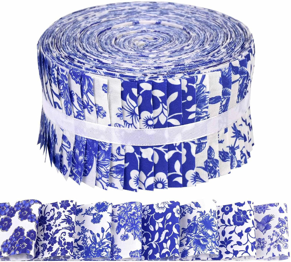40 Pcs Chinoiserie Cotton Jelly Fabric Strips Blue and White Porcelain Patchwork