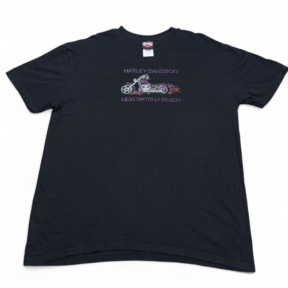 Harley Davidson Rhinestone T-Shirt Adult Size XL Black Double Sided Motorcycle