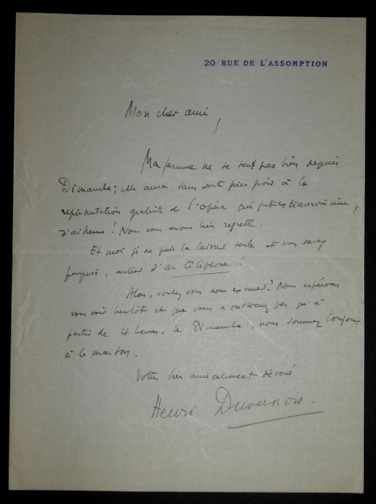 DUVERNOIS Henri - SIGNED AUTOGRAPH LETTER, OPERA
