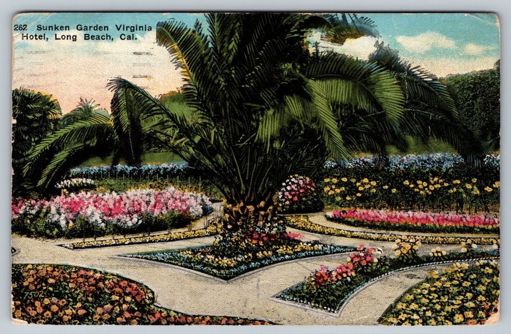Vintage Sunken Garden Virginia Hotel Long Beach California Postcard
