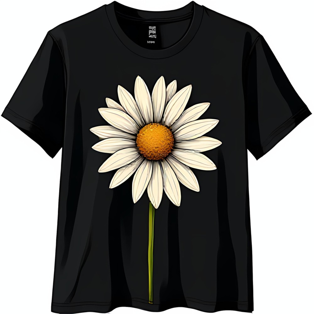 Black T-Shirt with White Daisy Print and Green Stem Floral Graphic Tee