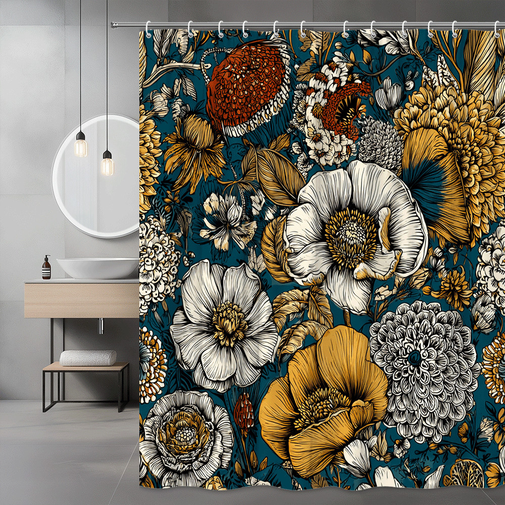 Floral Shower Curtain Blue Gold White Botanical Print