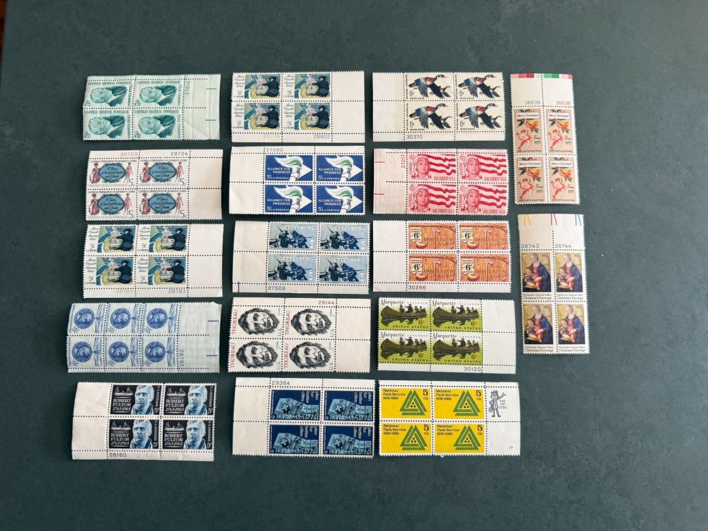 Vintage US stamp collections with plate blocks and random assortment  