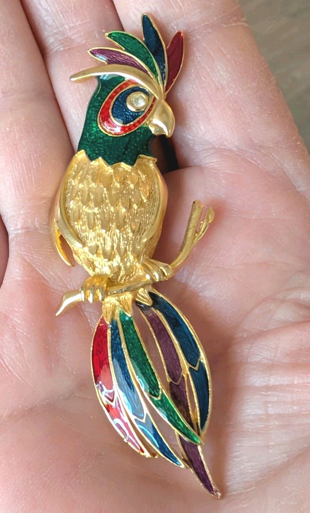 Vintage Enamel Macaw Brooch Pin - Gold Tone Red Green Blue Multi Color