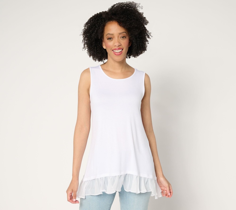 Fashion Women's Top Sz M Knit Tank Hi-Low Chiffon Hem White A683848