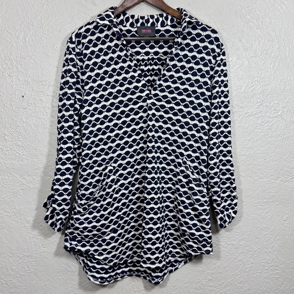 ForCynthia Beachwear Tunic Top Pullover Swim Cover Large Textured Navy Coastal