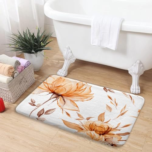 Grey and Orange Watercolor Floral Bath Mat with Minimalist Leaves Design