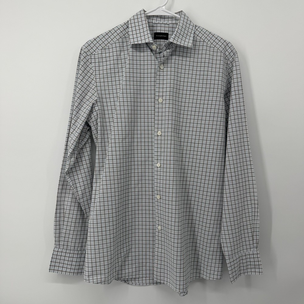 Ermenegildo Zegna Blue Plaid Button Down Shirt Long Sleeve Mens Size Medium
