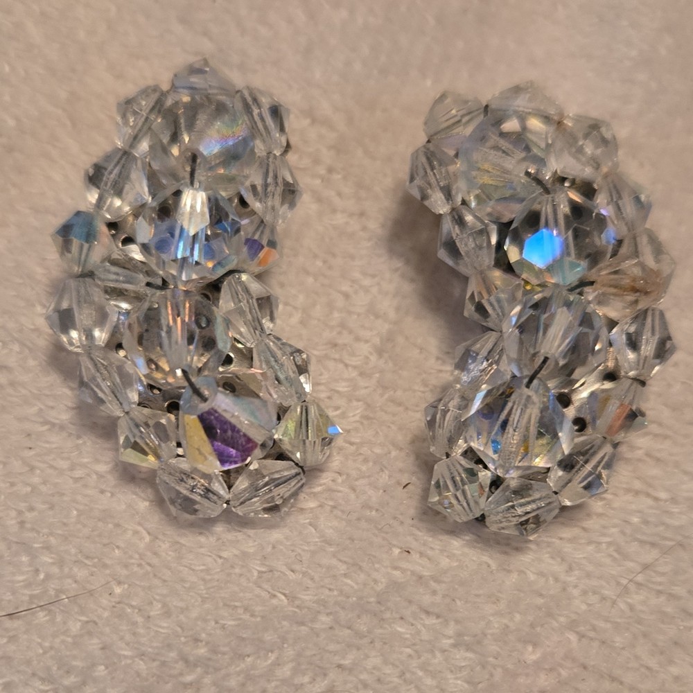 Vintage Clip-On Earrings Clear Crystal Bicone Cluster Beaded Fashion