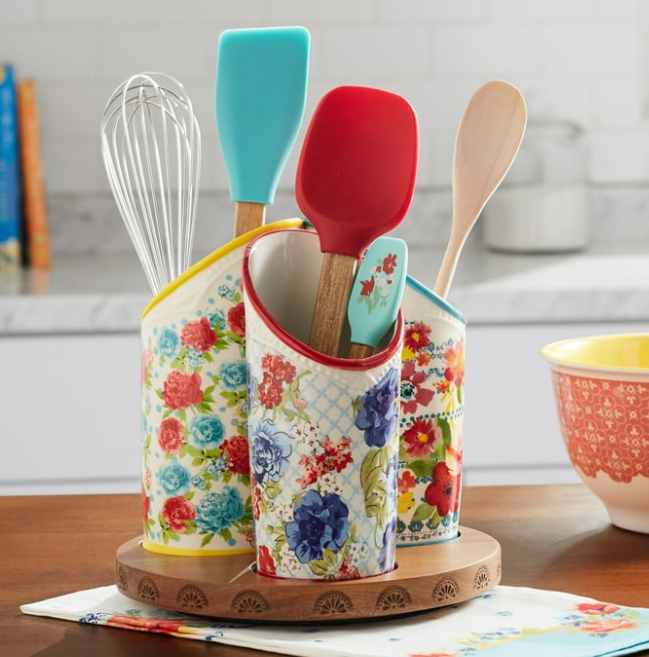 Pioneer Woman Utensil Holder ✨ 3 Compartment Floral Medley Ceramic with Wood Bas