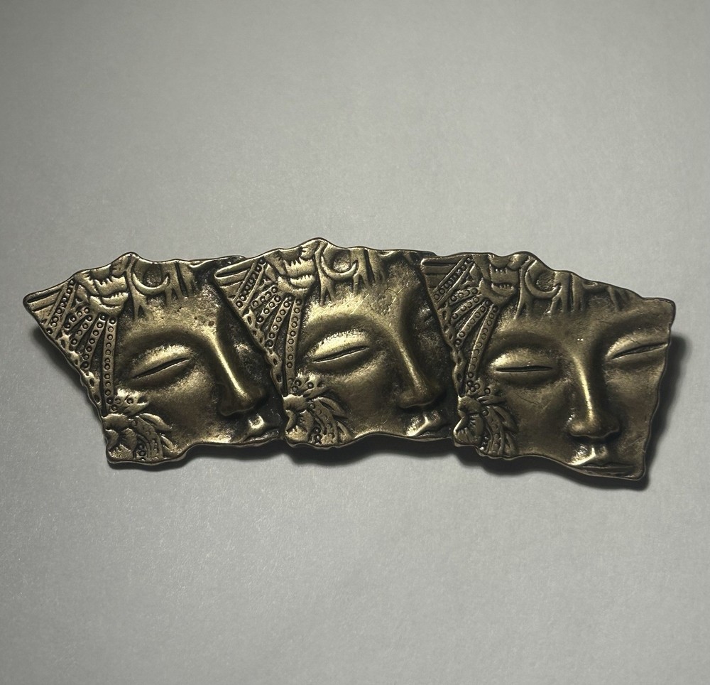 Vintage Art Deco Style • Gold Tone/Brass Buddha Goddess Faces • Brooch/Pin