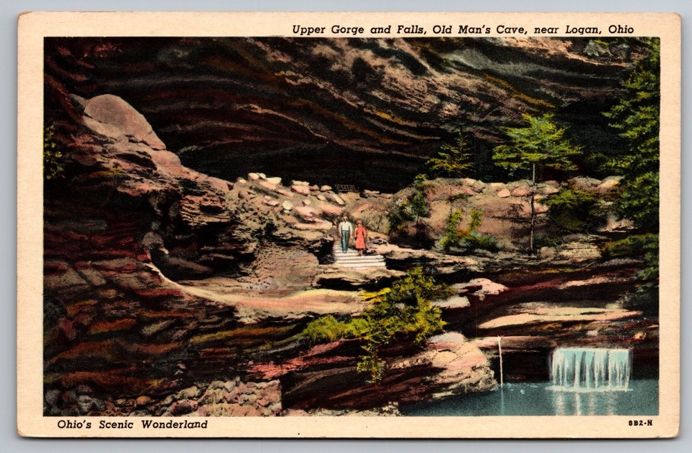 Logan, Ohio - Upper Gorge Falls - Old Man's Cave - Linen Postcard H