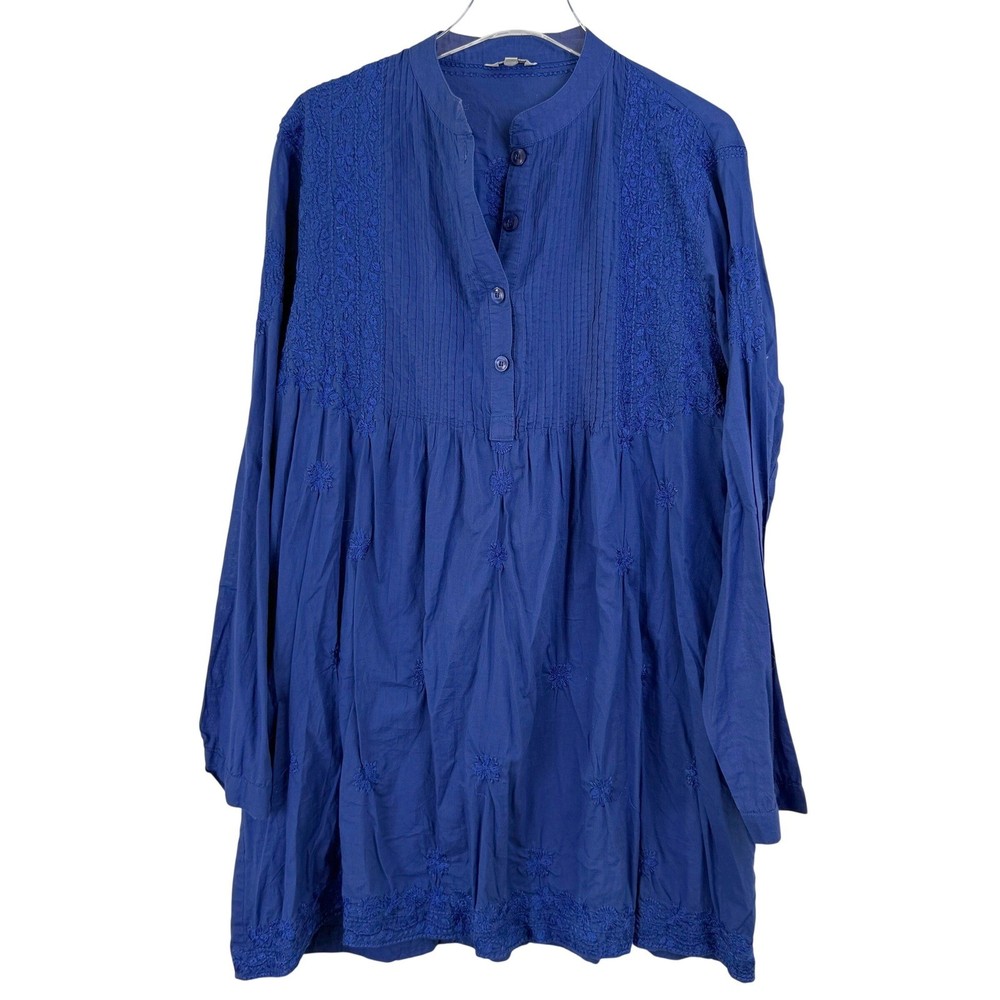 J Peterman Women XL Royal Blue Cotton Embroidered Pintuck Tunic Blouse Top TUNIC