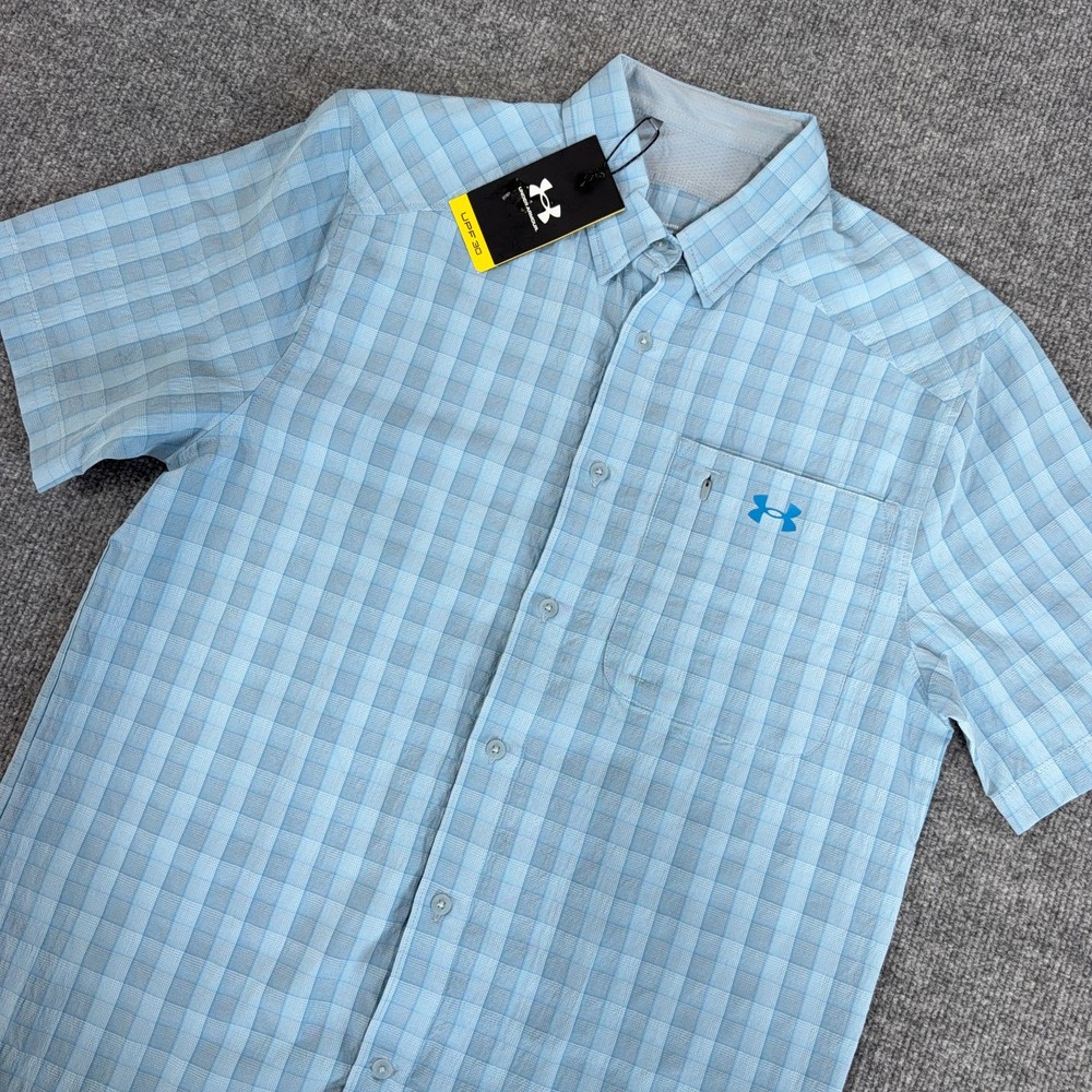 Under Armour Shirt Men’s Medium UA Drift Tide 2.0 Plaid Harbor Blue Fishing NEW