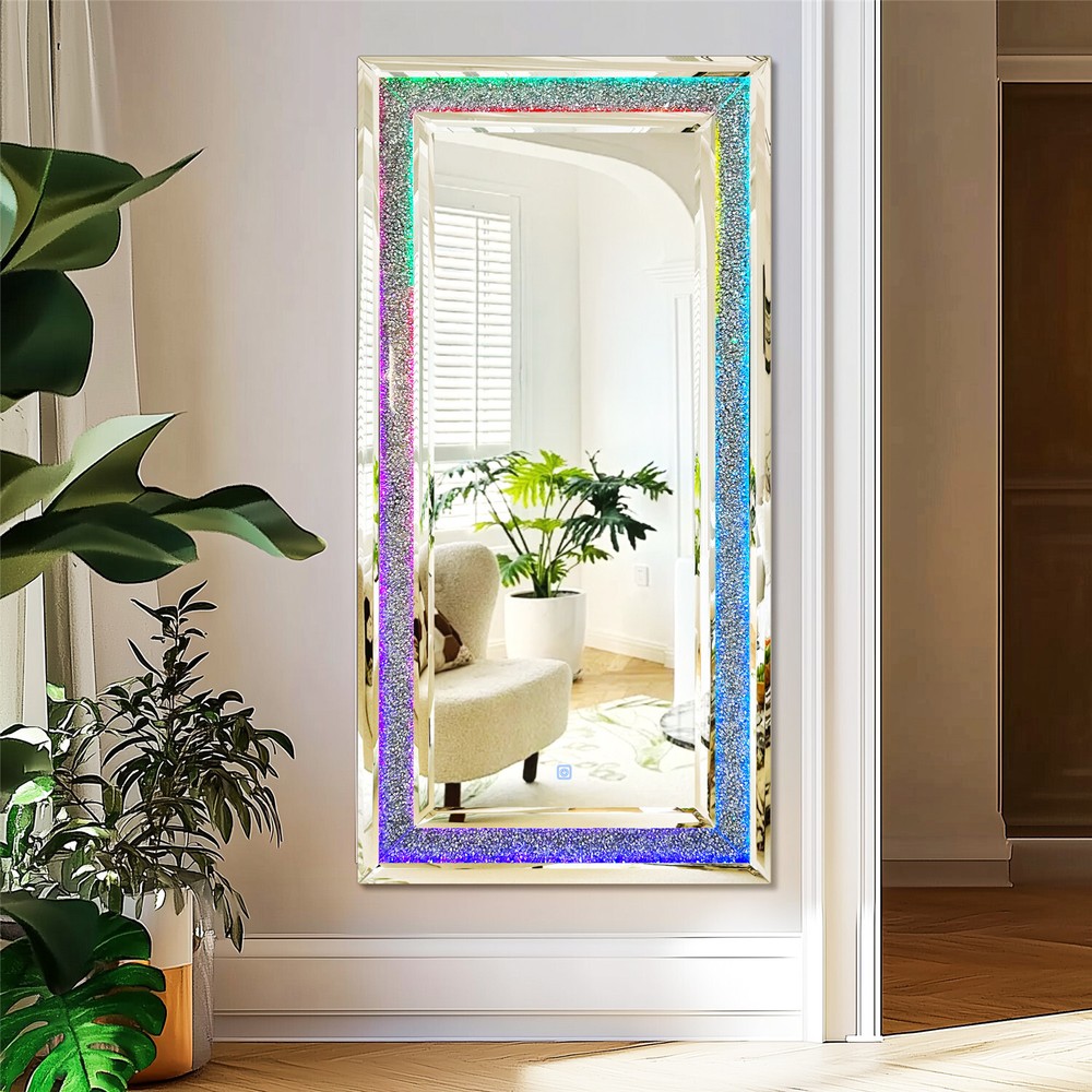 Full Length RGB LED Mirror with Diamond Inlay 7-Color Lights for Living Room  