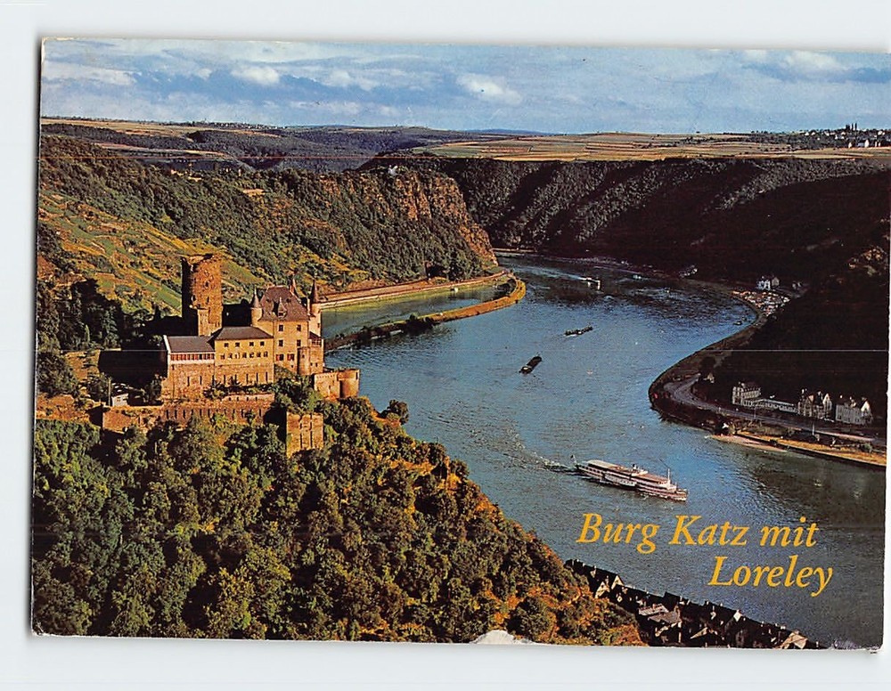 Postcard Burg Katz Sankt Goarshausen on the Rhine River in Germany