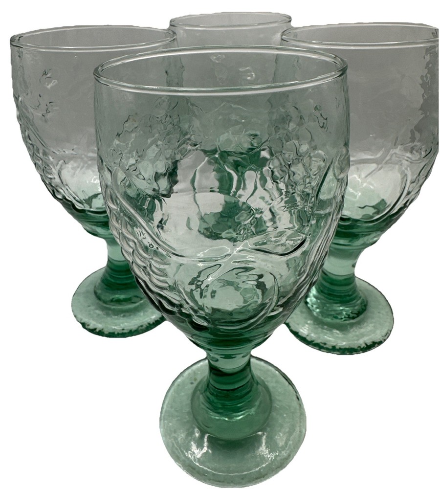 Set of 4 Libbey Green Water Glass Goblets Orchard Fruit 7
