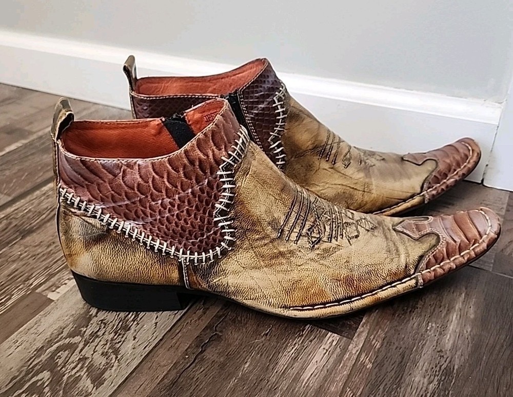 Robert Wayne Jeffery Mix Stitched Leather Zip Up Low Western Ankle Boots Size 12