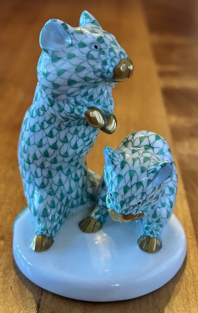 Herend Green Fishnet Hamster Pair Figurine 5340 Porcelain Mice Hungary VHV Mint