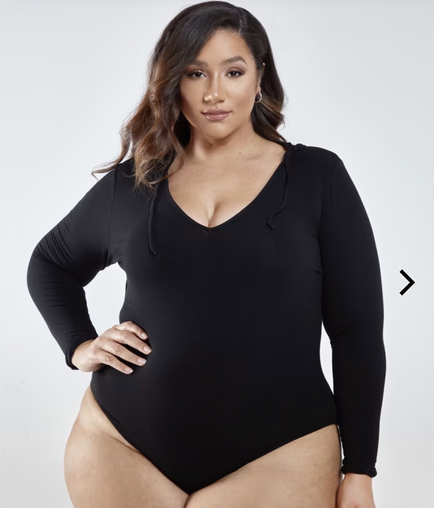 Fashion To Figure Womens Black Shawna Rib Knit Hoodie Bodysuit Size 4 Grunge