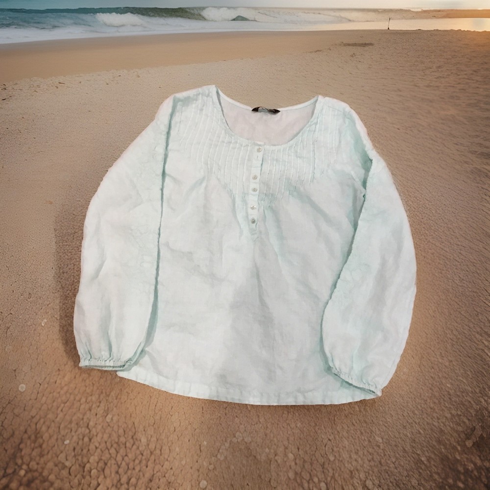Tommy Bahama Shirt Women’s Sz S Blue green 100% Linen Long Sleeve Tunic Costal