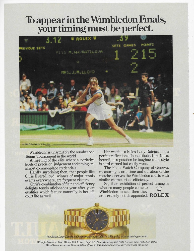 Tennis Wimbledon Finals Chris Evert  Rolex  Original Print Ad
