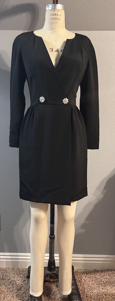ERIC GASKINS VTG 80-90’s black silk cocktail dress plunge v-neck rhinestone 6/sm