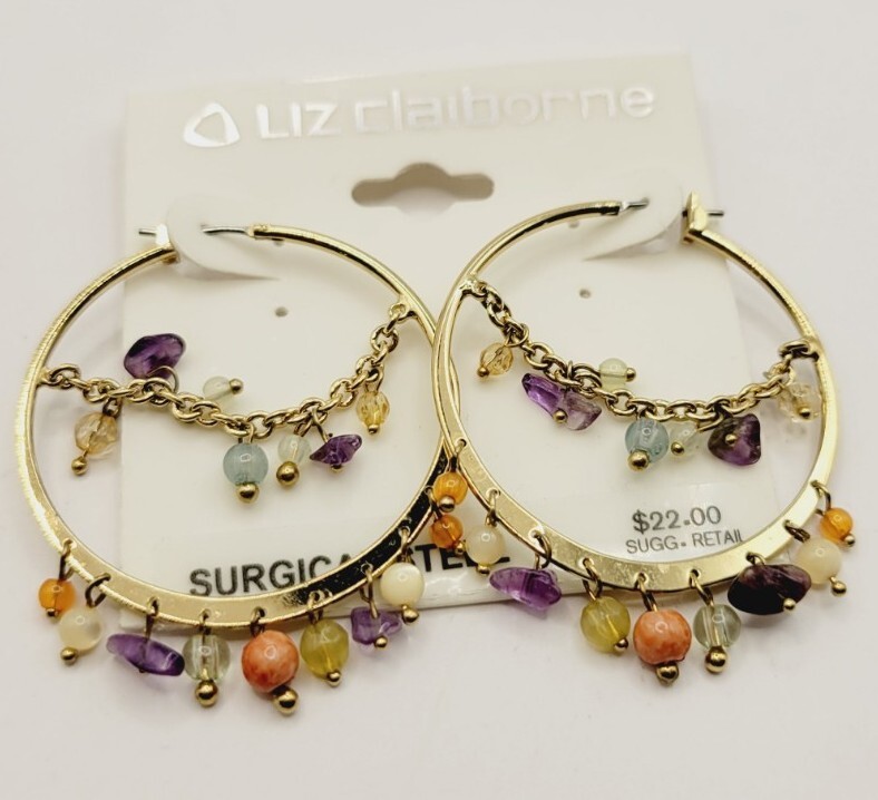 Liz Claiborne Multi Color Dangling Beaded Hoop Earrings Pierced Gold Tone Vtg