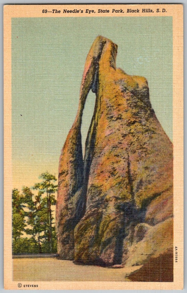 Vtg Linen Postcard Needle's Eye Rock Formation Black Hills, SD 1930s