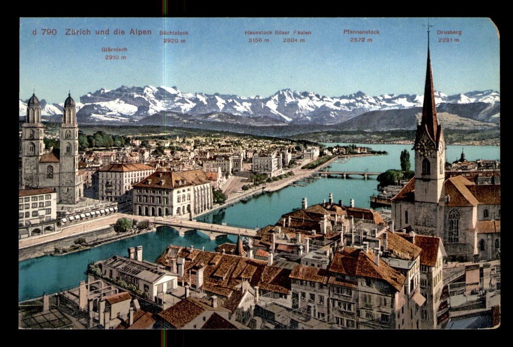Zurich And The Alps Topical View Buildings Mountains Bridges UNP Postcard