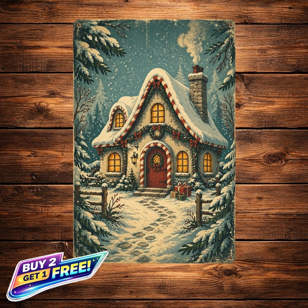 Winter Christmas House Scene Vintage Tin Metal Sign Home Decor