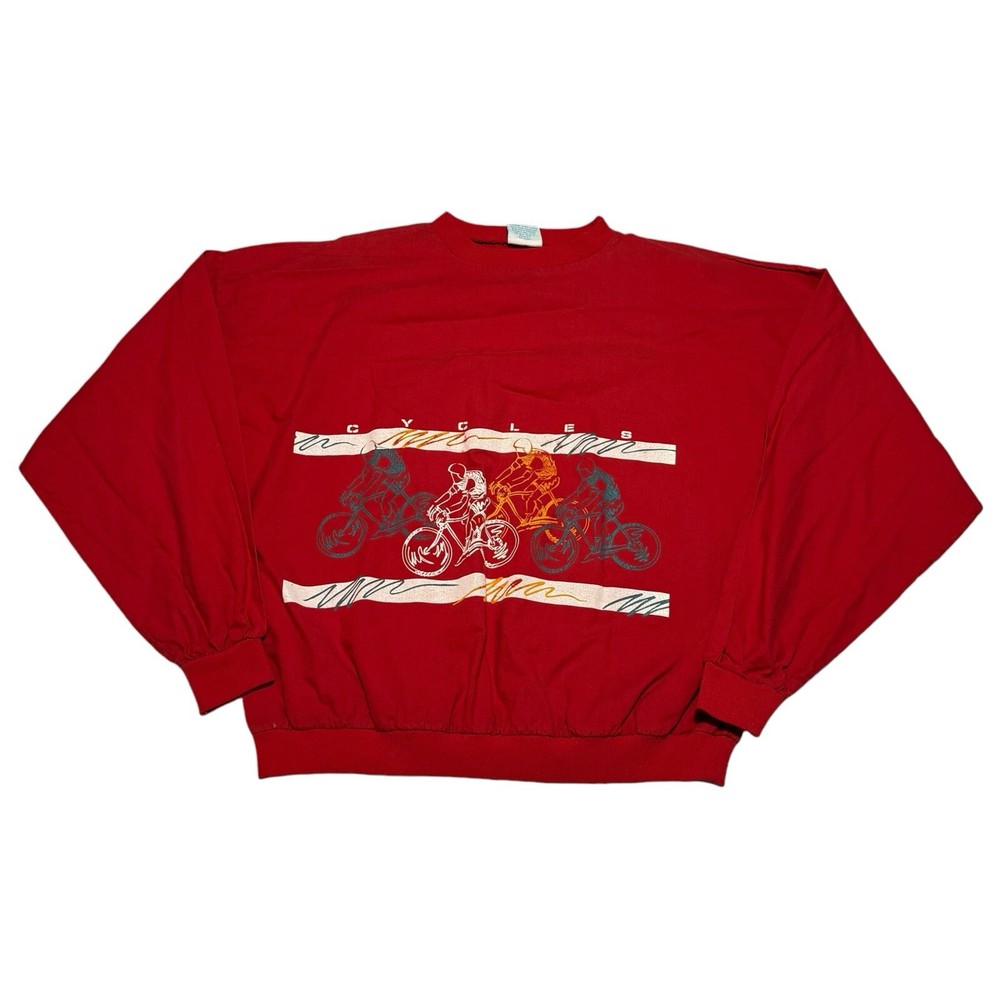 CUE Vintage 80s Cycle Bicyclist Red Long Sleeve Shirt Adult Boxy Small