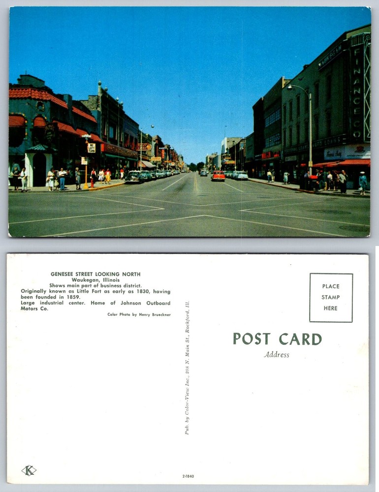 Vintage Waukegan IL Genesee Street Business District Street Scene Postcard
