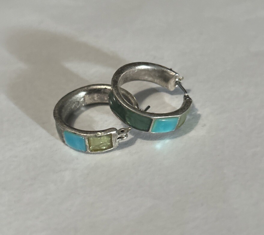 LIZ CLAIBORNE Enamel Silver Tone Pierced Hoop VTG Earrings Signed LC