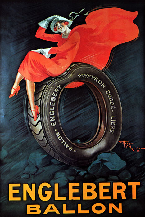 Vintage Englebert Ballon Fashion Woman Riding Tire Poster Repro